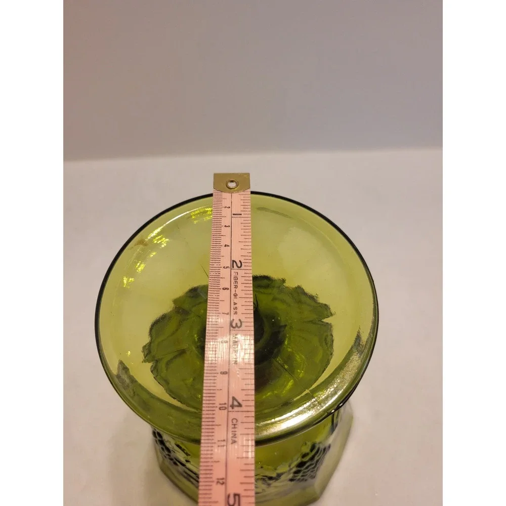 Vtg Glass Compote‎ Bowl Olive Green Harvest Grape Embossed Pedestal Dish